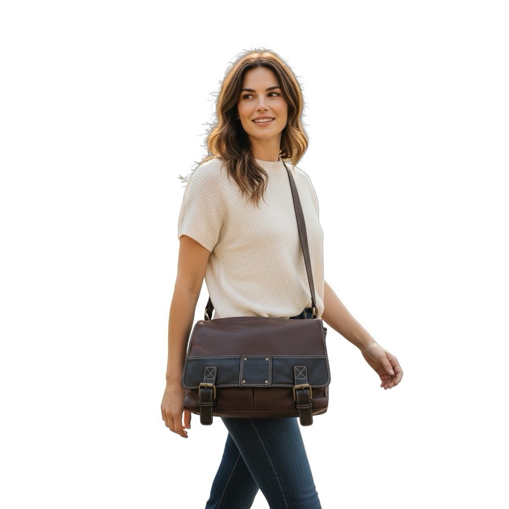 Fossil 54 Leather Messenger Bag Brown Black Crossbody Satchel Vintage Style